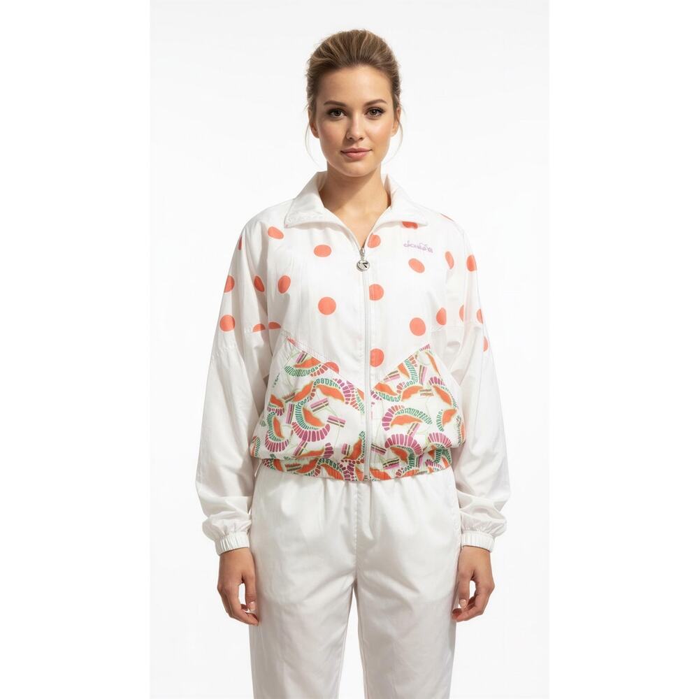 Diadora Tracksuit Set‎ Womens Size Small White Coral Polka Dot Zip Jacket Pants